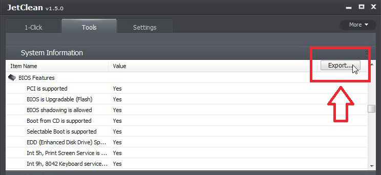 JetClean export feature