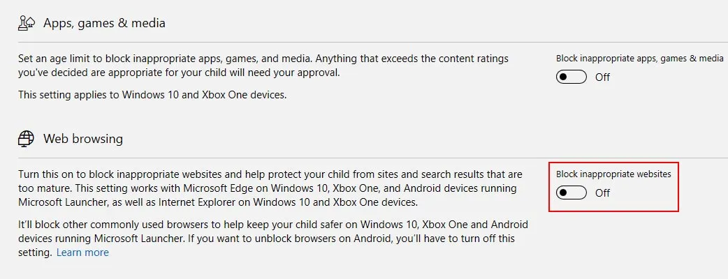 Microsoft parental settings