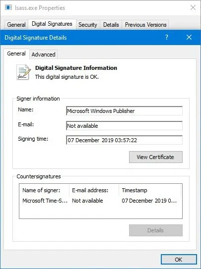 lsass.exe digital signature
