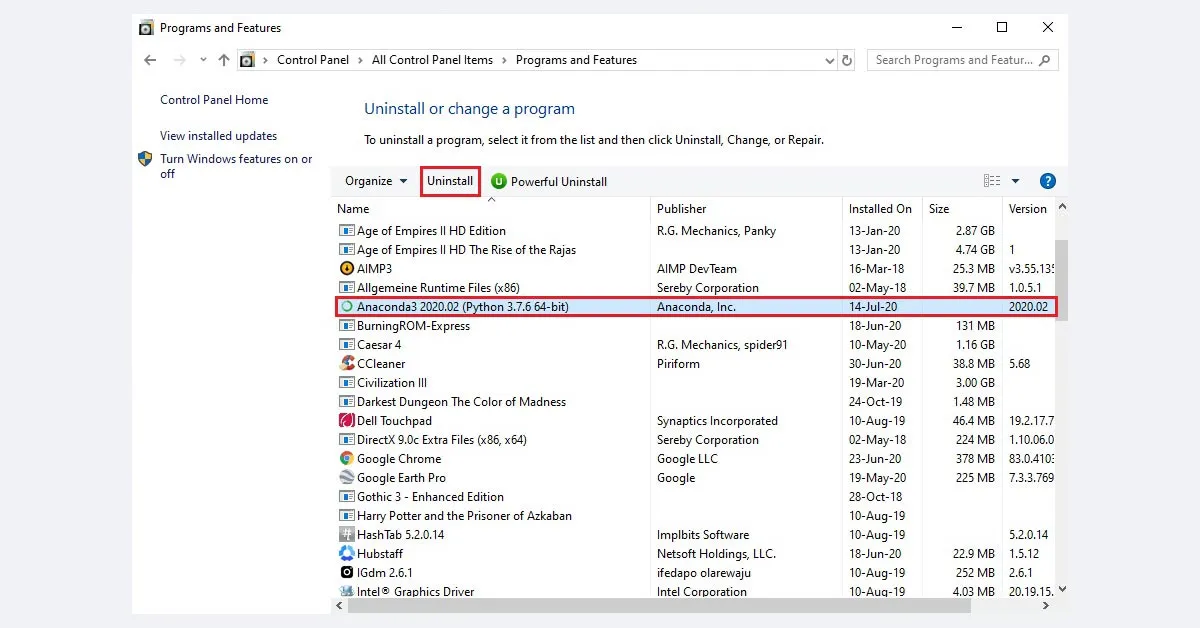 uninstall Apps & Features / Windows 10