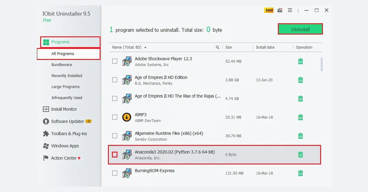 uninstall Anaconda with IObit