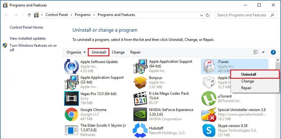 how to delete iTunes from Windows