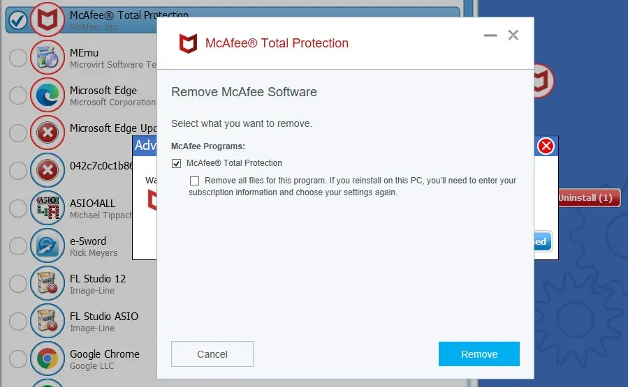 delete McAfee total protection