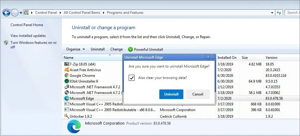 delete Edge in Windows 7