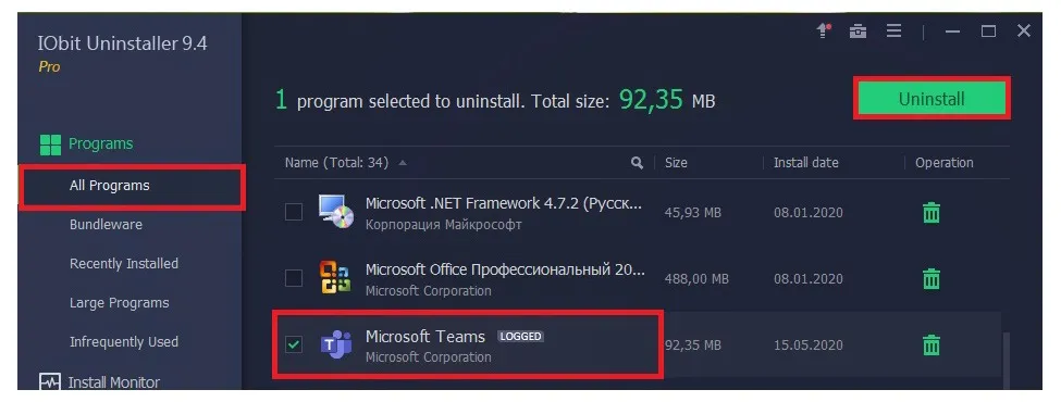delete Microsoft Teams though Control pannel