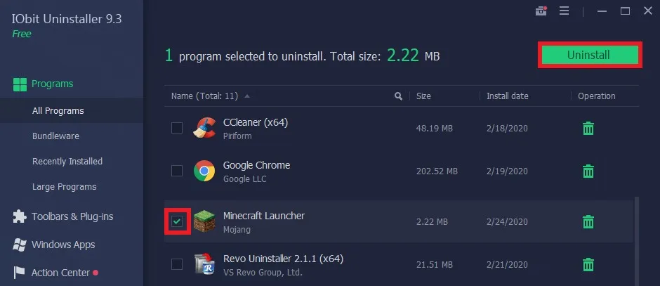 delete minecraft launcher