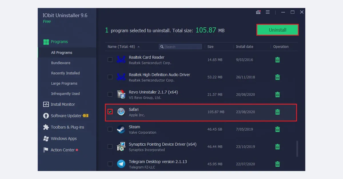 use IObit to delete Safari