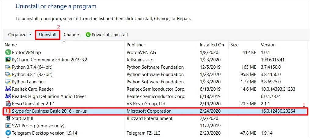 remove Skype for Business on Windows