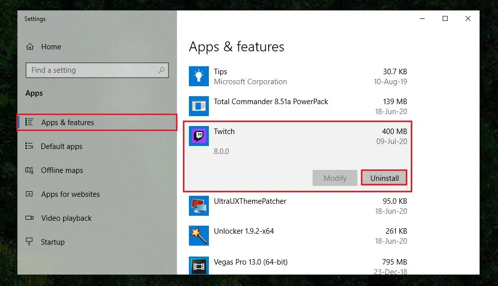 apps and features Win 10