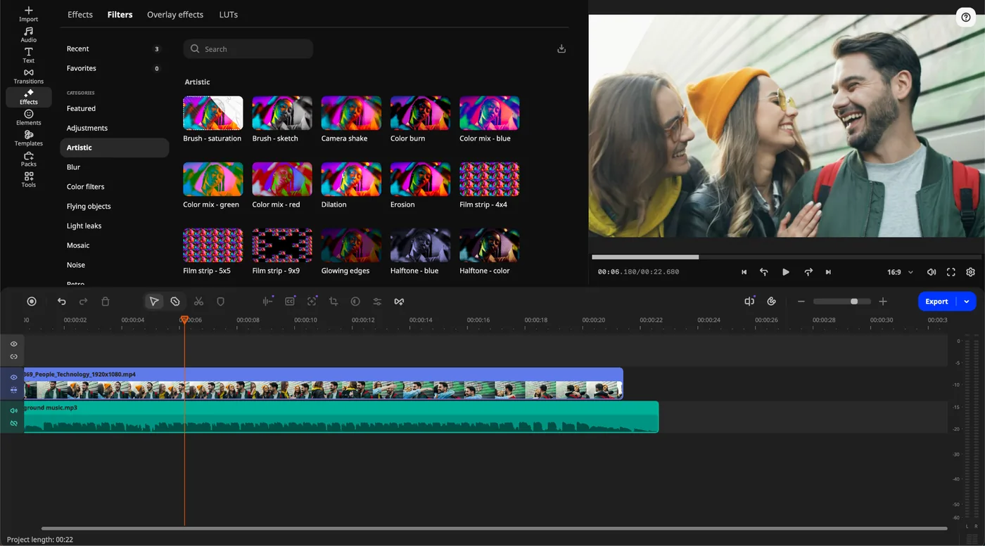 Movavi Video Editor interface: effects and filters library, preview window, and timeline