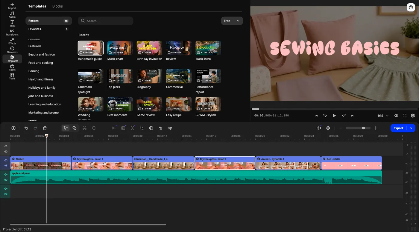 Movavi Video Templates: template library and a project built from Blocks on the timeline