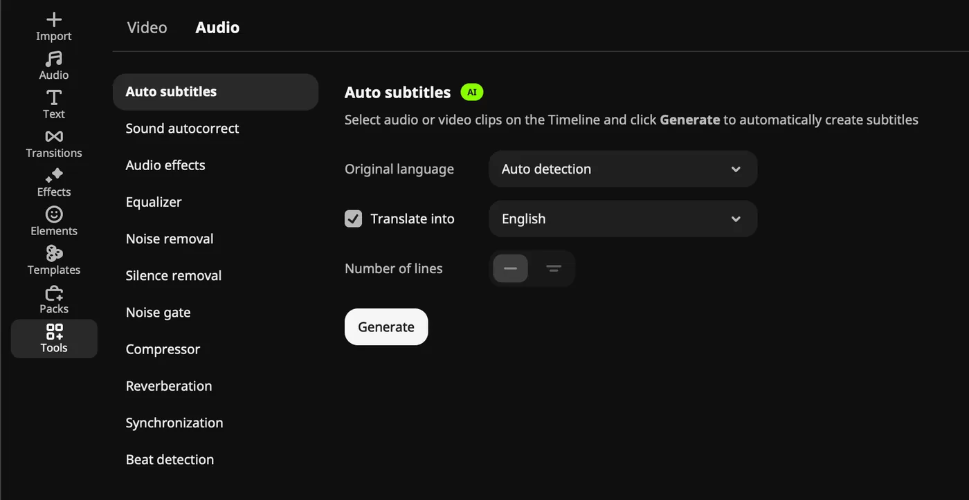 Movavi Video Editor AI tools: the Auto subtitles panel