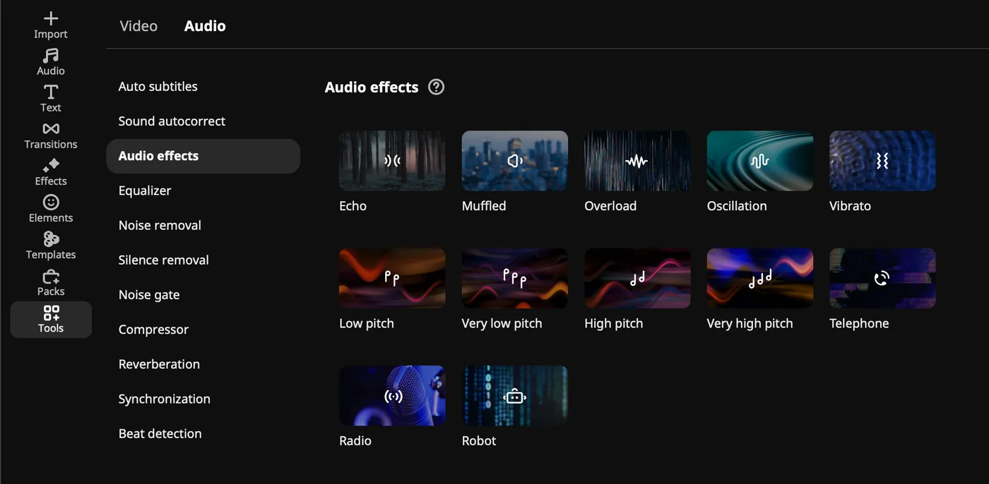 Movavi Video Editor audio tools: the Audio effects panel
