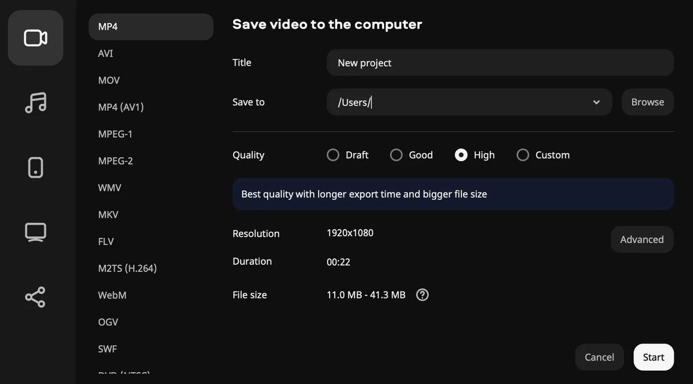 Movavi Video Editor export window with MP4 format and High quality selected