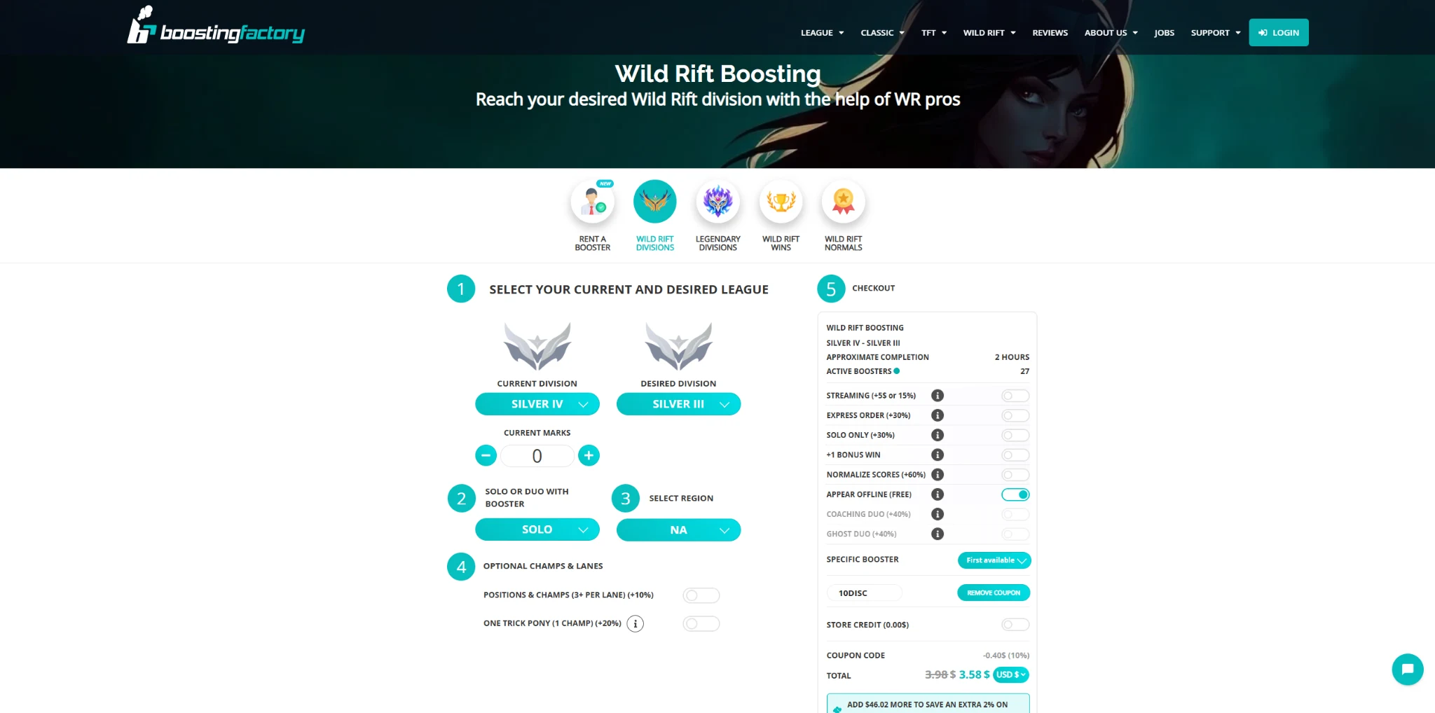Boosting Factory Wild Rift boosting order page