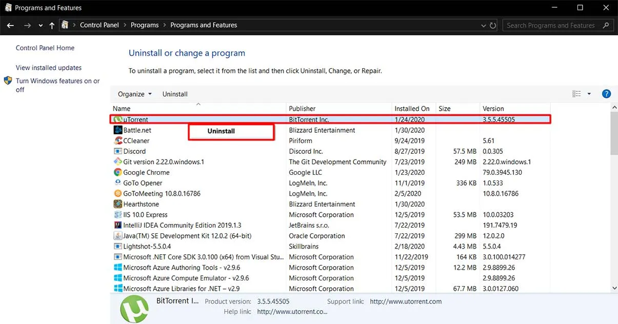 delete programs in control panel