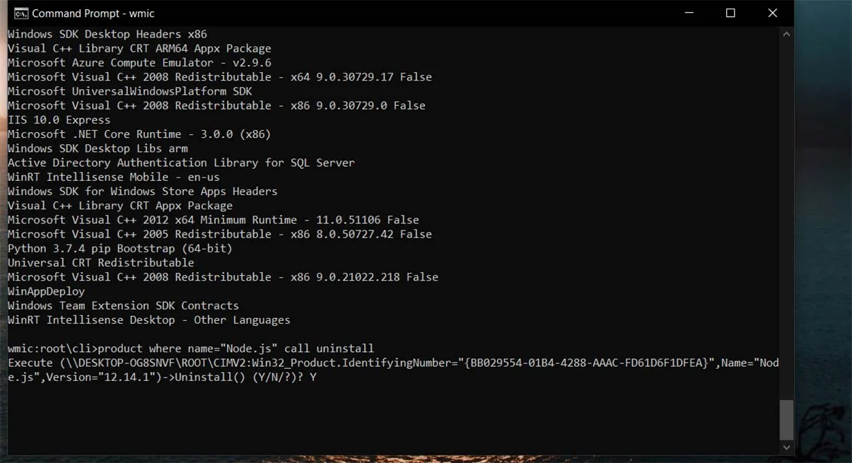 cmd to uninstall