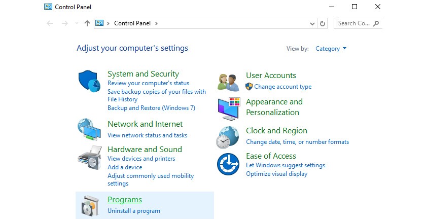 control panel uninstall programs