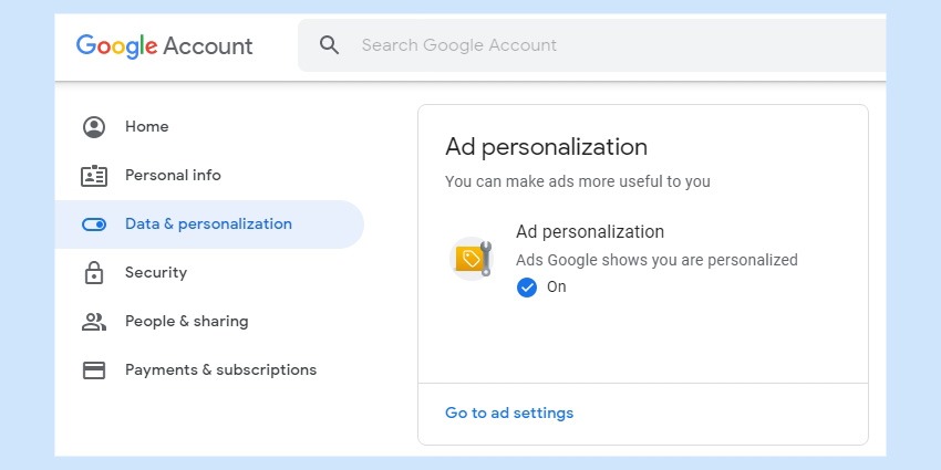 Ad personalization Google account