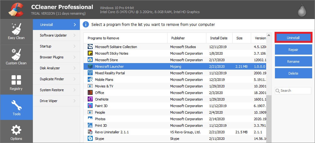 remove minecraft with ccleaner