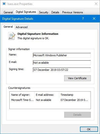  lsass.exe Digital signature