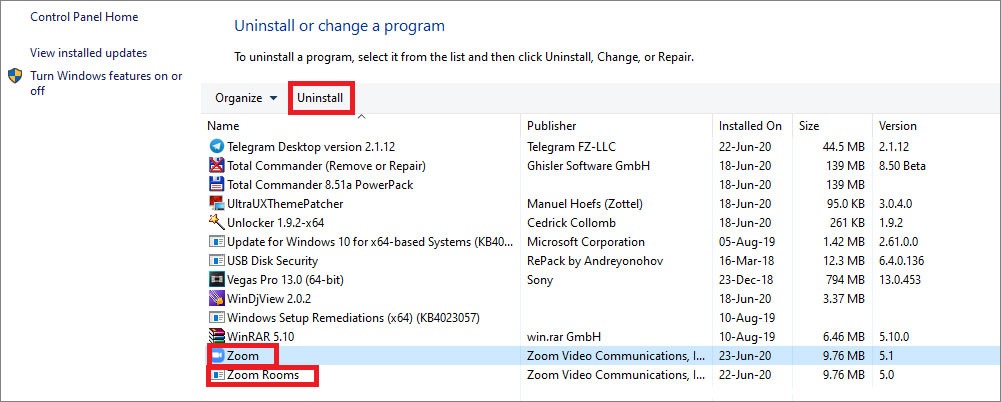 uninstall zoom on windows