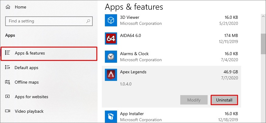 apps and features Windows 10