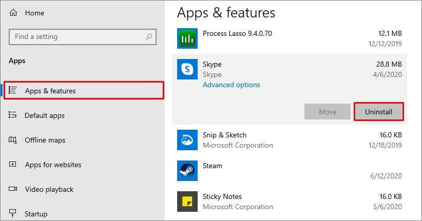 uninstall apps on Windows 10