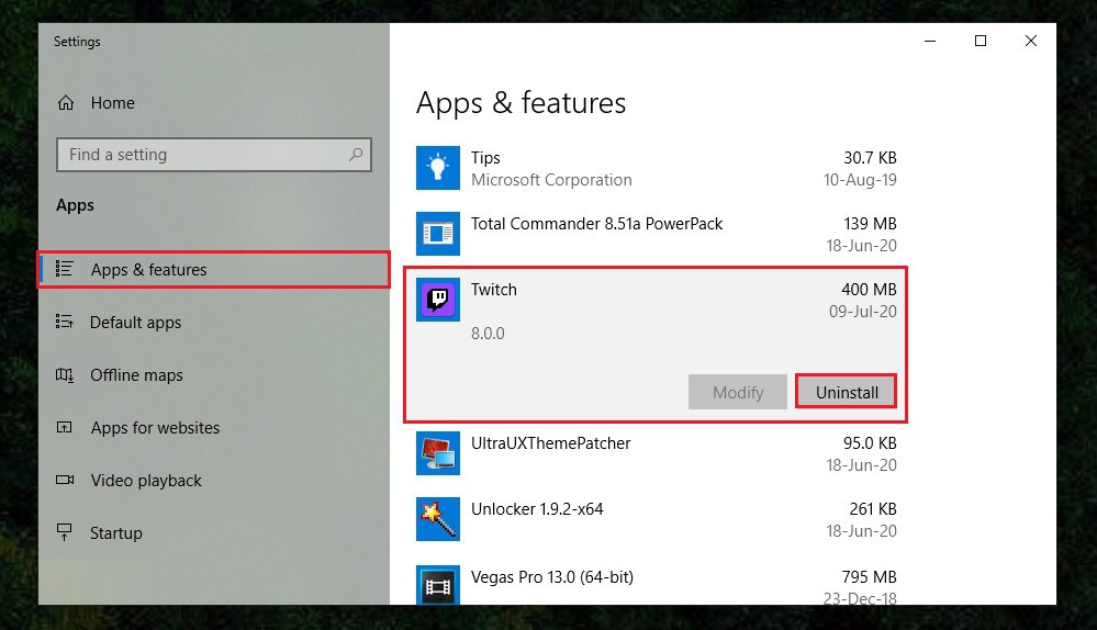 apps and features Win 10