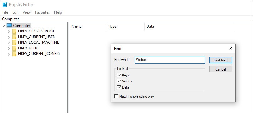 find webex in registry entries