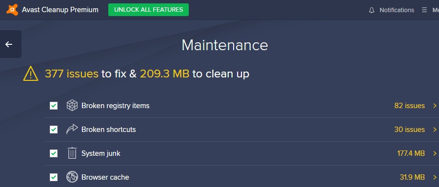 avast cleanup features